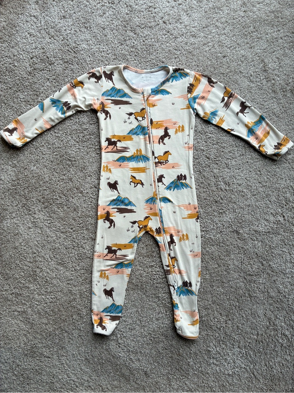 Bambi & Birdie Bamboo Kids Cream Horse-Print Zip One-Piece Romper